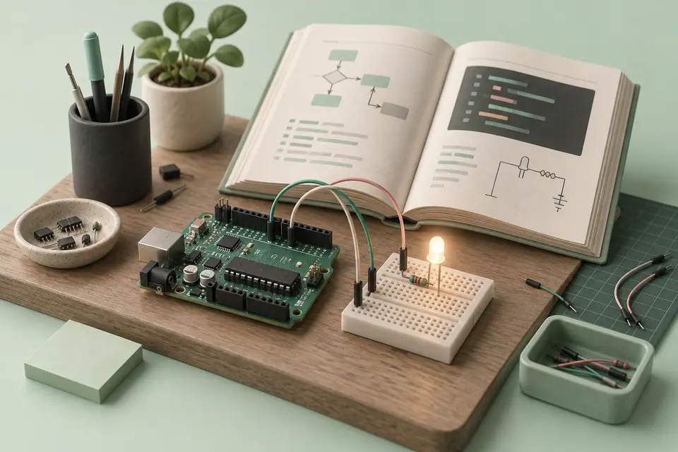 Illustration d'une carte électronique, d'une LED et d'un livre de programmation