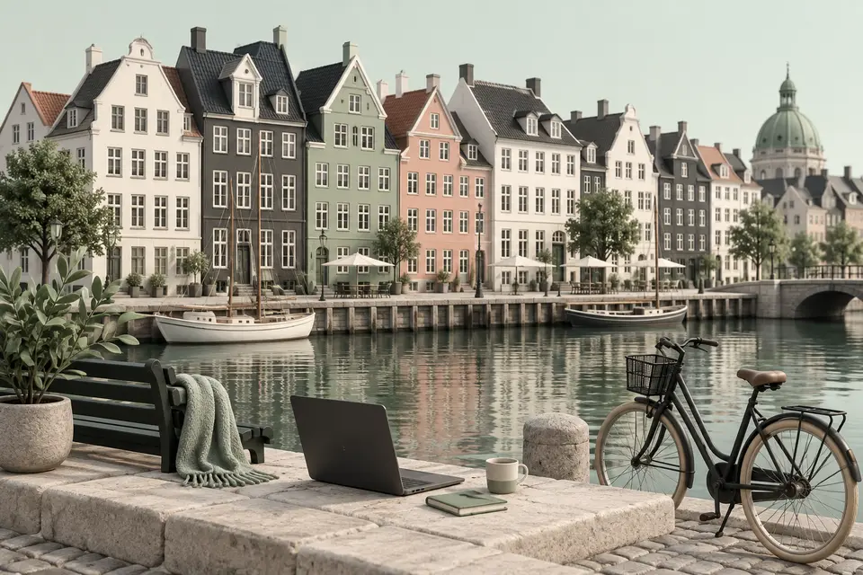 Illustration des maisons au bord d'un canal de Copenhague, avec un vélo et un ordinateur