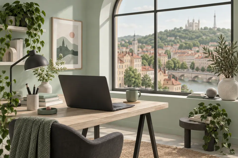 Illustration d'un bureau indépendant ouvert sur une ville et les collines de la région lyonnaise
