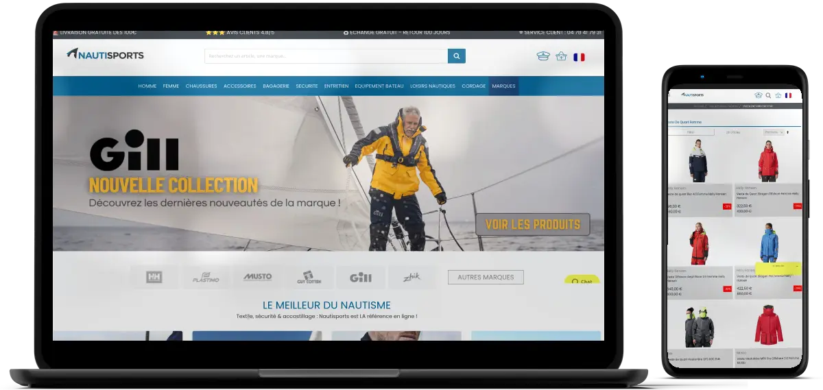 Aperçus ordinateur et mobile du site Nautisports