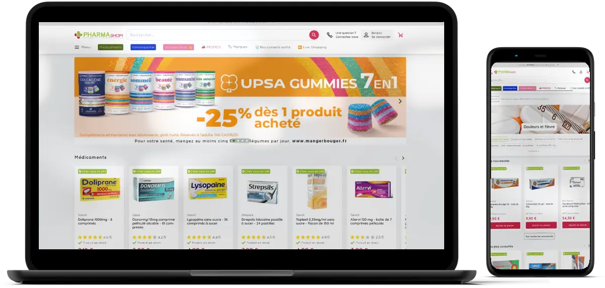 Aperçus ordinateur et mobile du site Pharmashopi