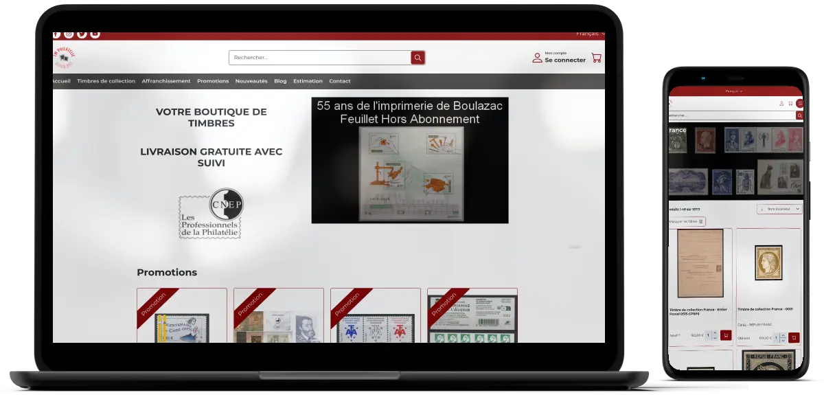 Aperçus ordinateur et mobile du site TM Philatélie